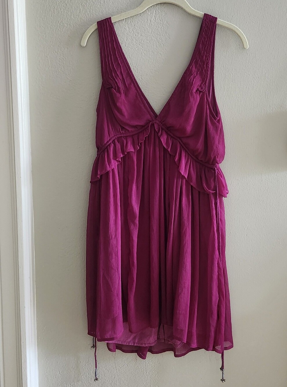 Free People Magenta Babydoll Mini Dress With Beaded Tassles, XS
